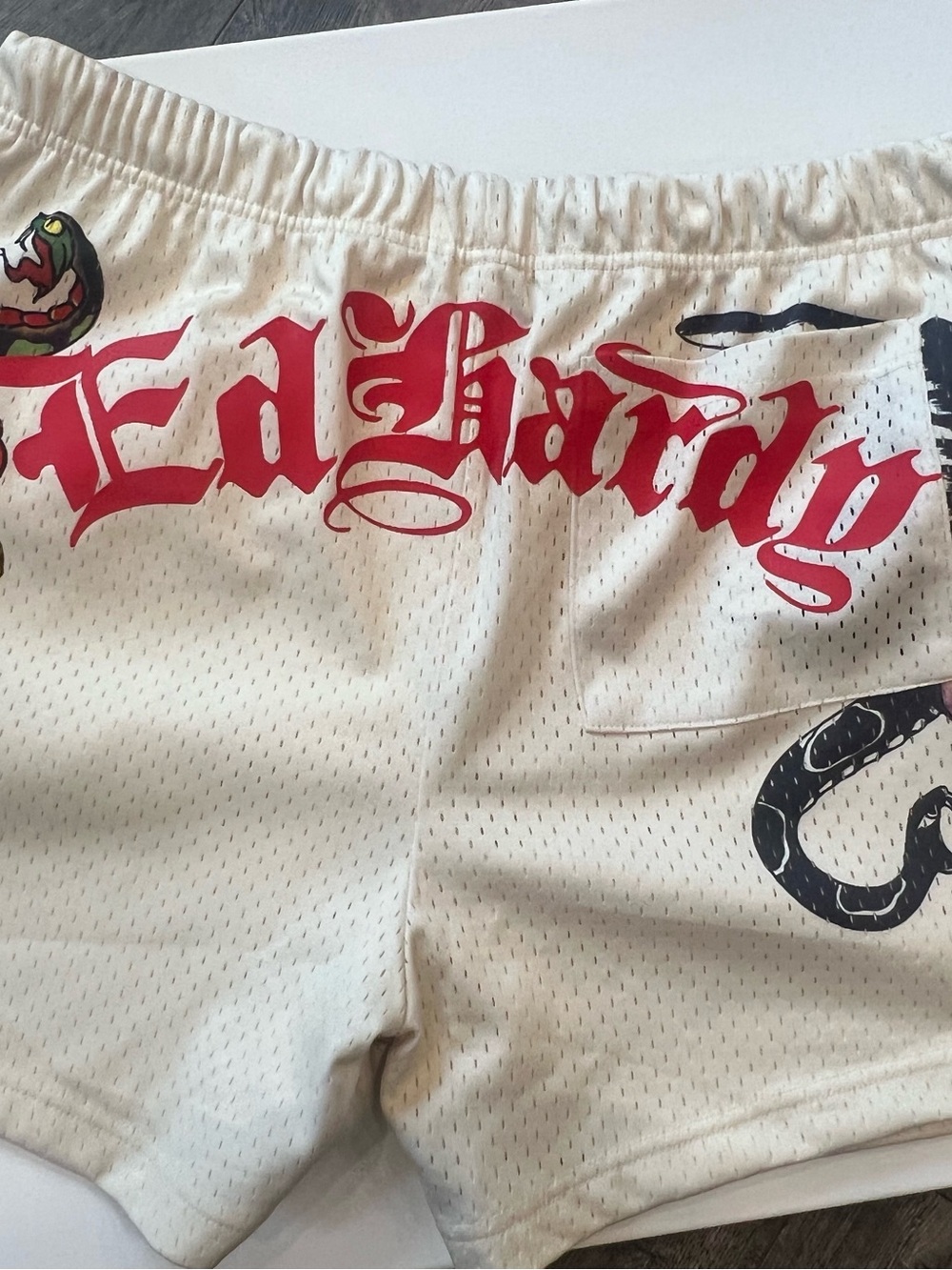 Ed Hardy Cream Mesh Shorts with Red Logo and Black Snake NWOT